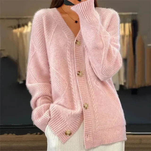 Amandine | Cardigan boutonné col V à maille losange, pièce du quotidien