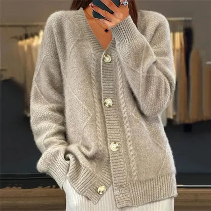 Amandine | Cardigan boutonné col V à maille losange, pièce du quotidien