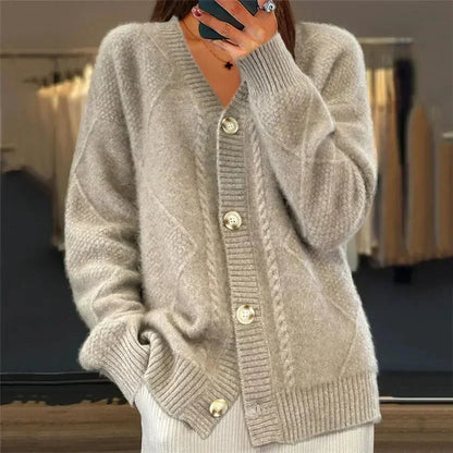 Amandine | Cardigan boutonné col V à maille losange, pièce du quotidien