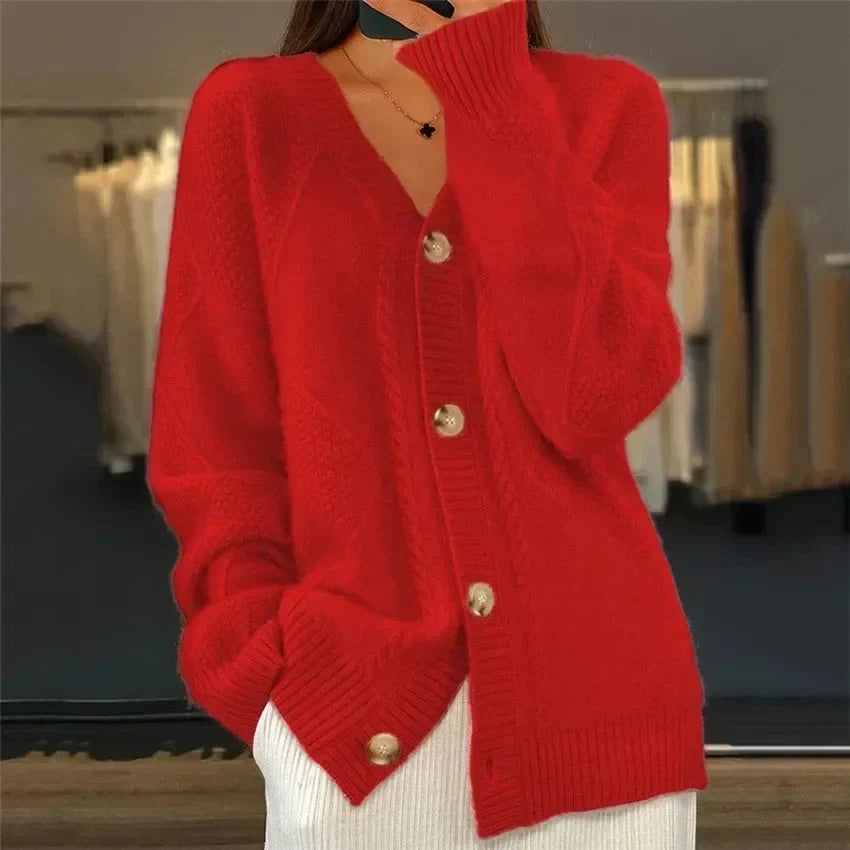Amandine | Cardigan boutonné col V à maille losange, pièce du quotidien