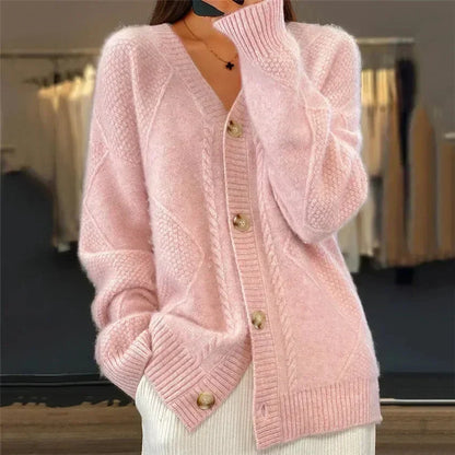 Amandine | Cardigan boutonné col V à maille losange, pièce du quotidien