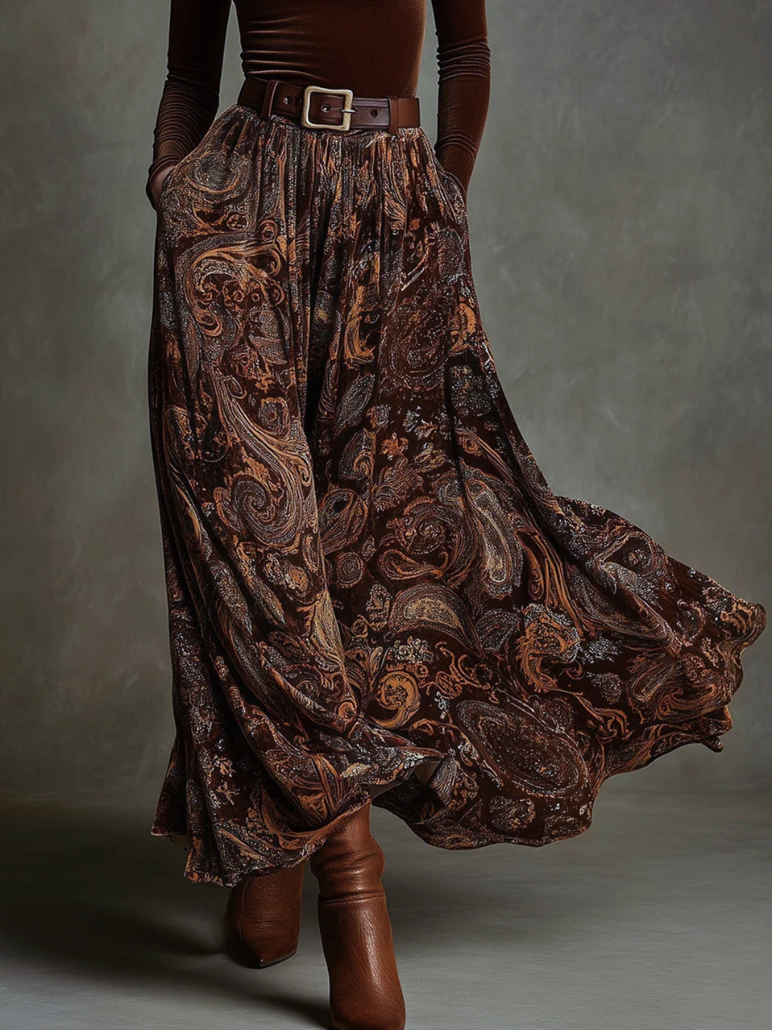 Marjorie | Ensemble vintage haut en velours stretch et jupe longue paisley avec ceinture