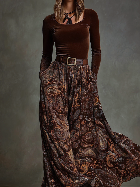Marjorie | Vintage Set with Stretch Velvet Top and Long Paisley Skirt with Belt