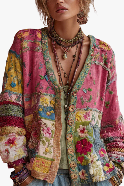 Pétronille | Cardigan en maille patchwork fleuri