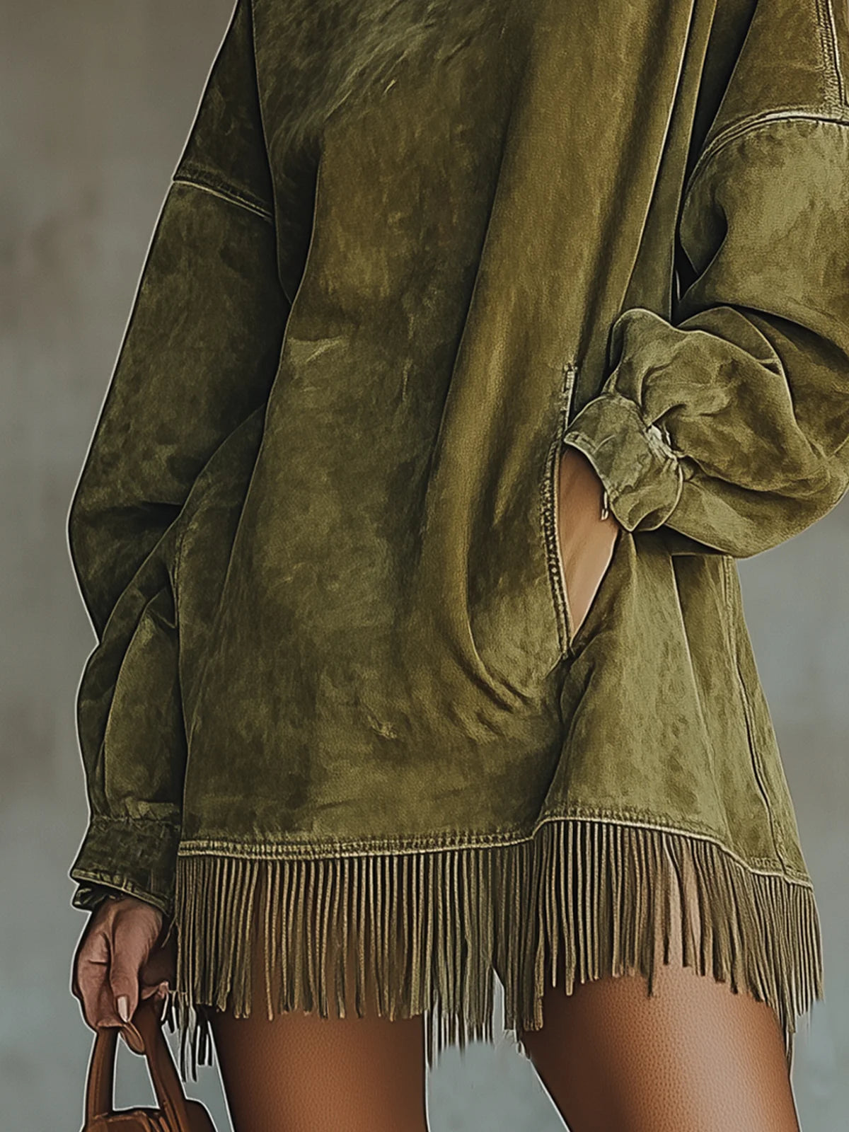 Margaret | Robe en suédine à col montant et franges