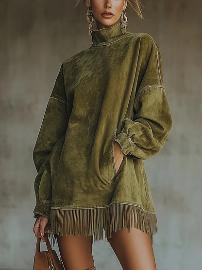 Margaret | Robe en suédine à col montant et franges