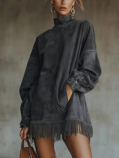 Margaret | Robe en suédine à col montant et franges