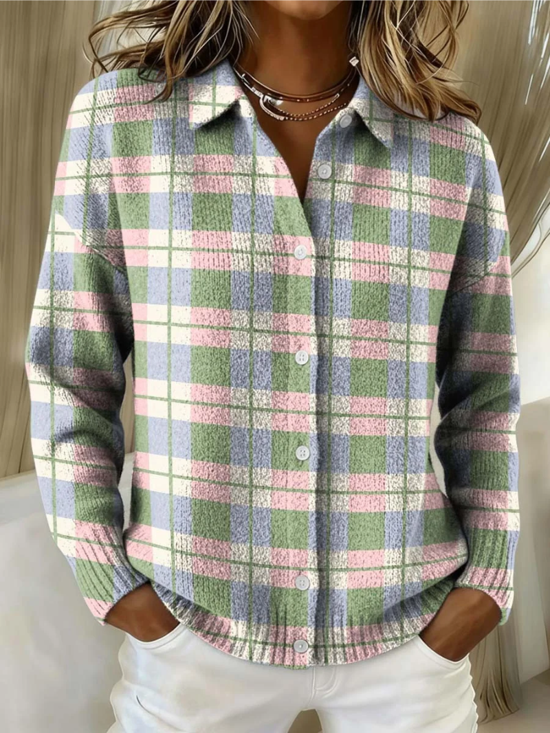 Margot | Cardigan boutonné à carreaux pastel