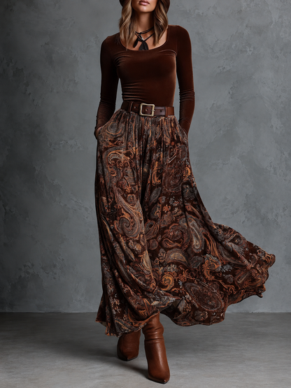 Marjorie | Ensemble vintage haut en velours stretch et jupe longue paisley avec ceinture