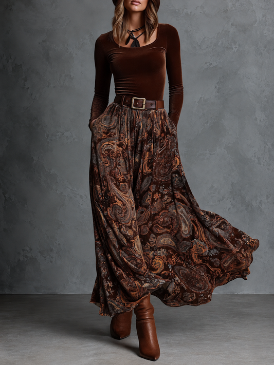 Marjorie | Vintage Set with Stretch Velvet Top and Long Paisley Skirt with Belt