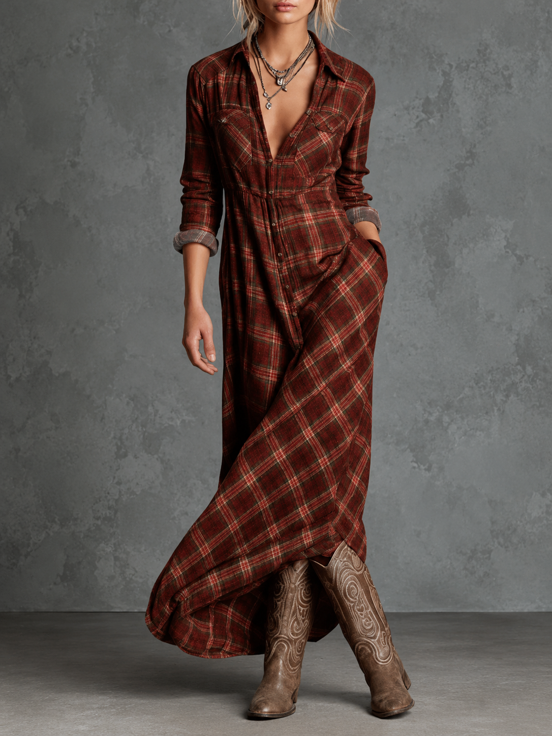 Ludivine | Robe chemise longue à col à carreaux verts