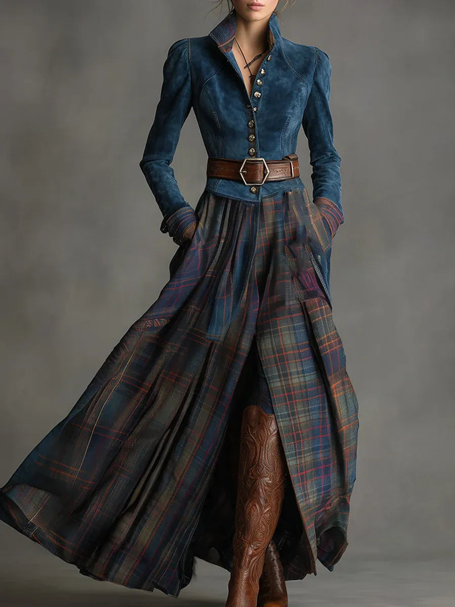 Evelyn | Long Vintage Dress in Blue Suede Look