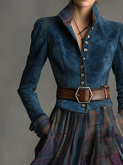 Evelyn | Long Vintage Dress in Blue Suede Look