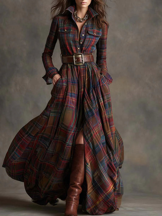 Maggie | Long Plaid Dress with Belt