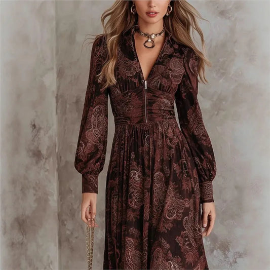 Delilah | Long Paisley Print Dress with V-Neckline