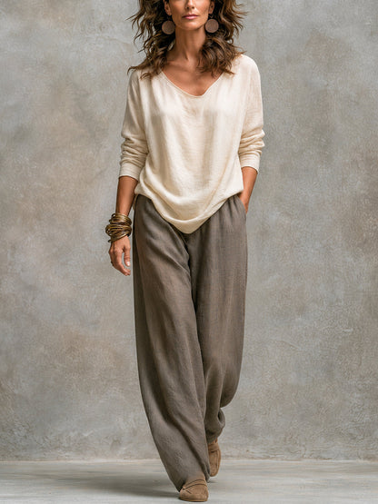 Solène | Ensemble trois pièces avec pantalon palazzo, beige et gris