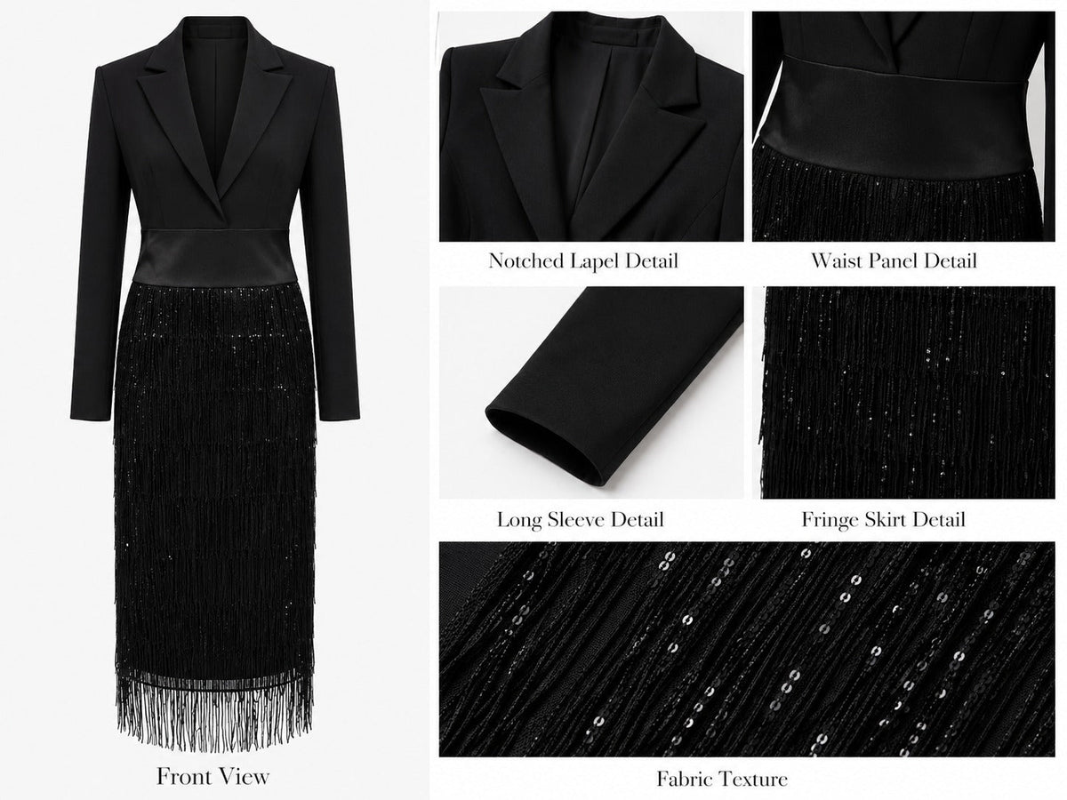 Audrey | Black Blazer Midi Dress with Sequins and Fringe