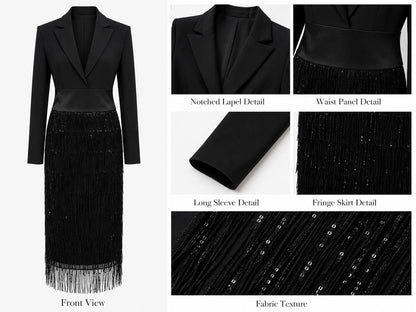 Audrey | Black Blazer Midi Dress with Sequins and Fringe