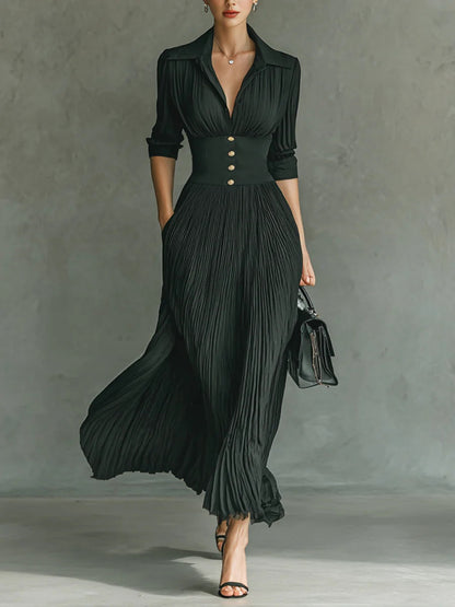 Florence | Robe longue plissée à revers et taille haute