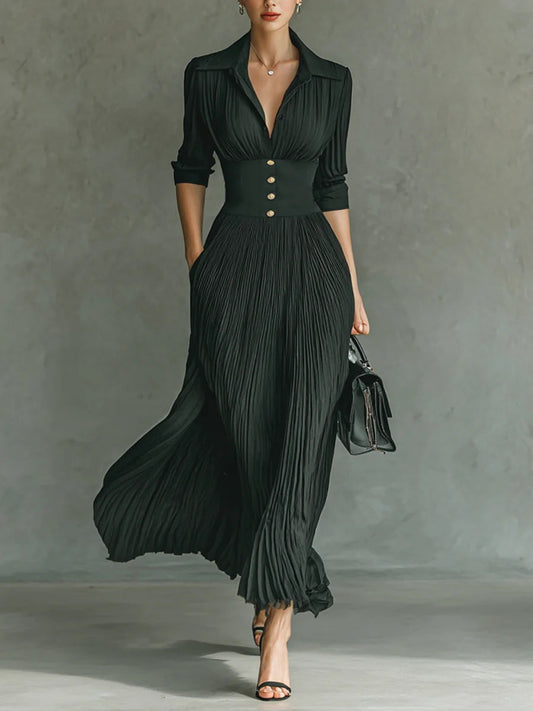 Florence | Long Pleated Dress with Lapels and High Waist