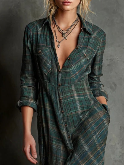 Ludivine | Robe chemise longue à col à carreaux verts