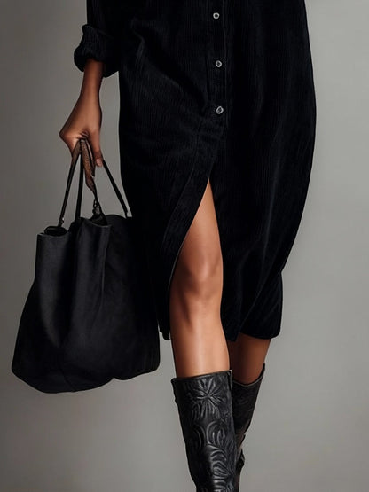 Madeline | Robe midi en velours côtelé avec poches et bouton unique