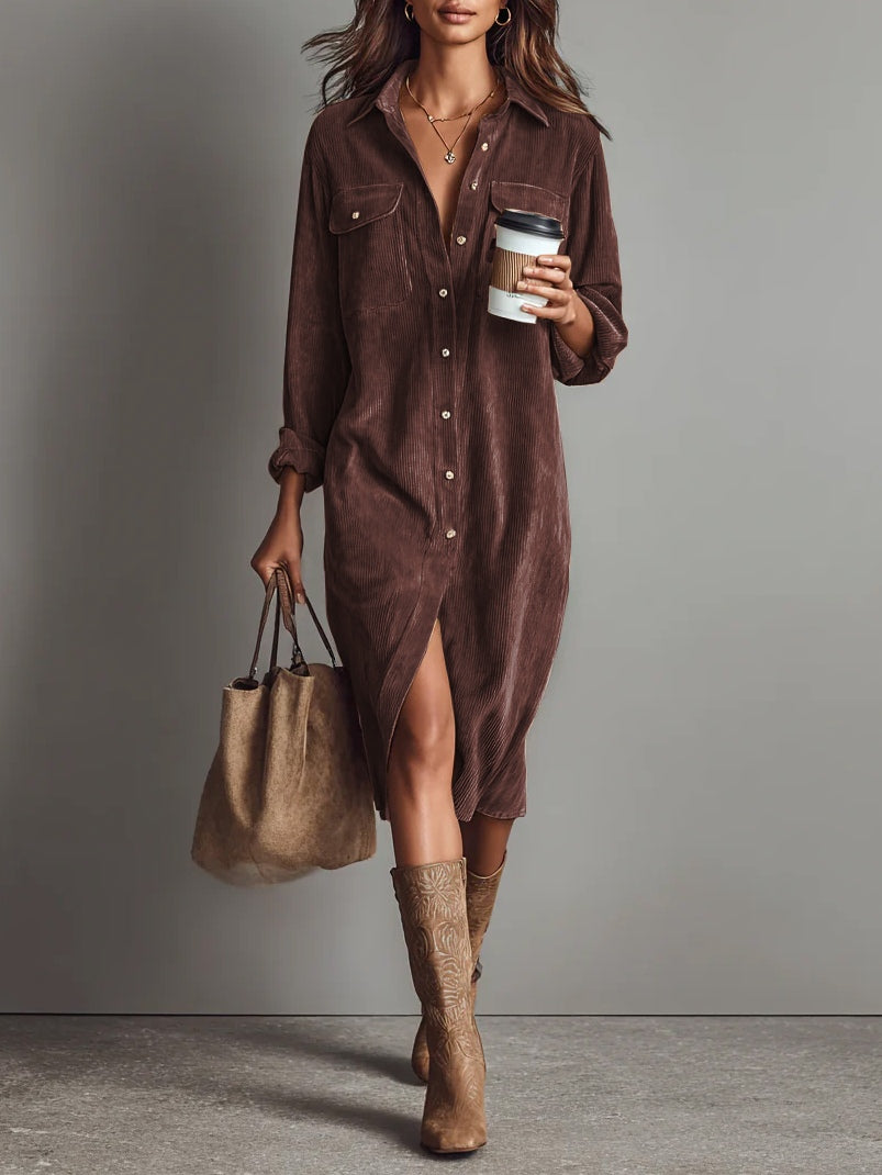 Madeline | Robe midi en velours côtelé avec poches et bouton unique