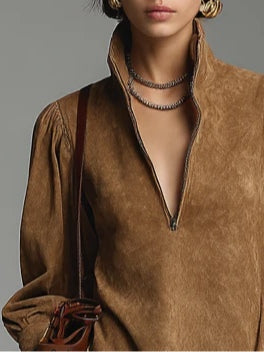 Georgia | Relaxed Brown Suede Mini Dress with Zip and High Neck