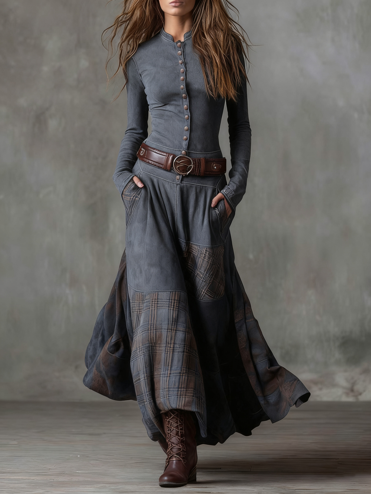 Penelope | Robe longue patchwork effet daim avec ceinture