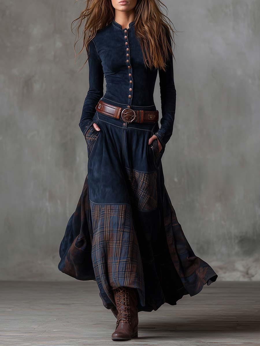 Penelope | Robe longue patchwork effet daim avec ceinture