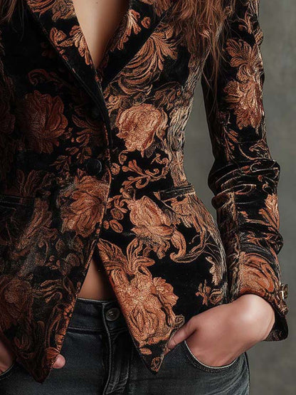 Priscilla | Blazer ajusté noir et bronze à imprimé floral