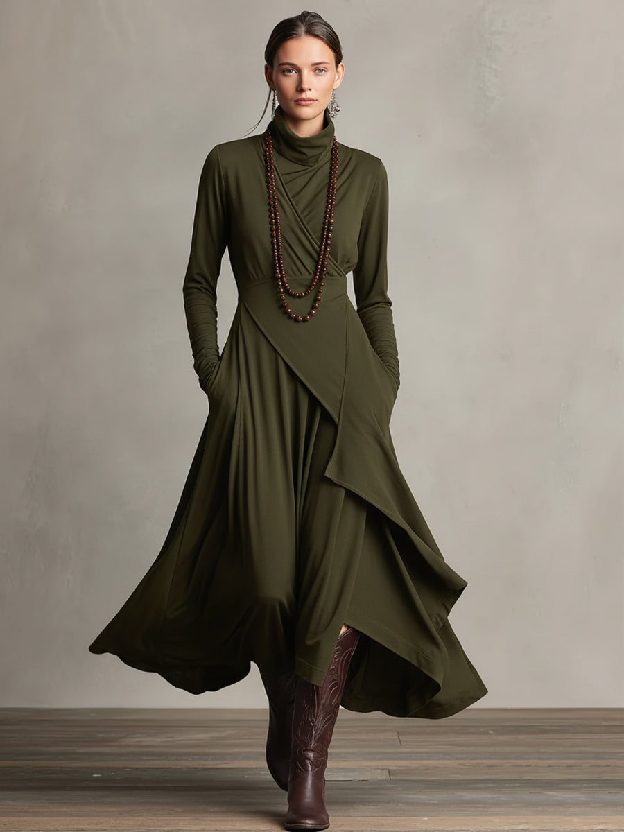 Rosalind | Robe longue bohème à col roulé et drapé asymétrique
