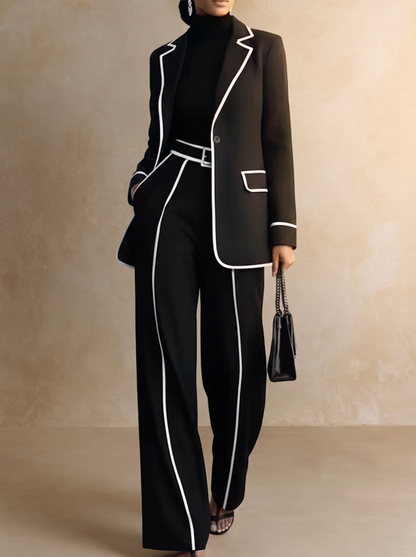 Delphine | Ensemble blazer et pantalon à liserés contrastants, noir