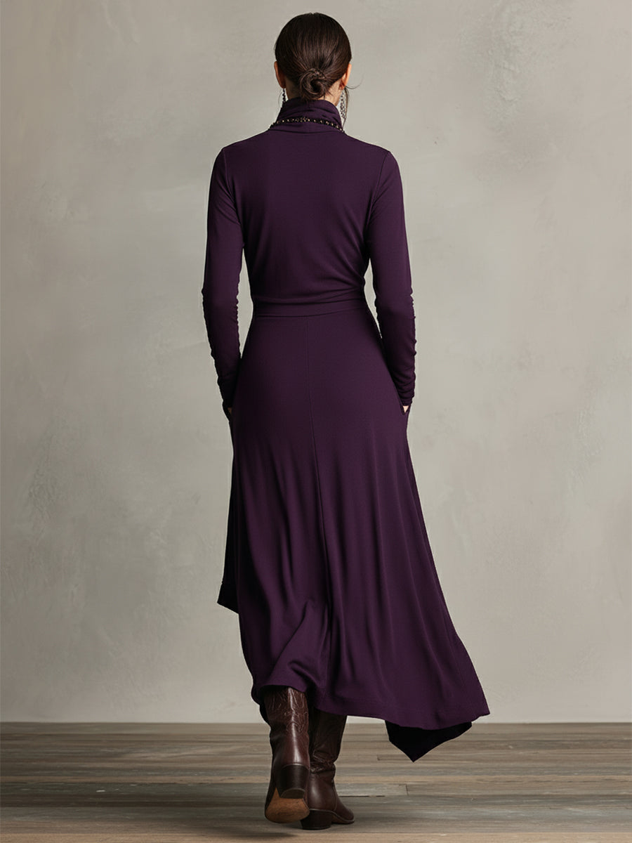 Rosalind | Robe longue bohème à col roulé et drapé asymétrique