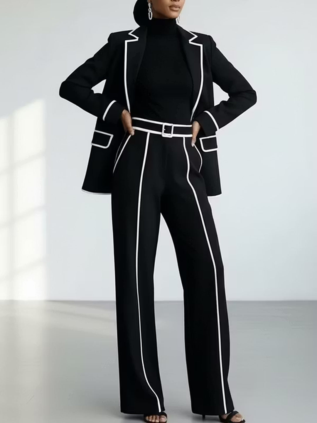 Delphine | Ensemble blazer et pantalon à liserés contrastants, noir