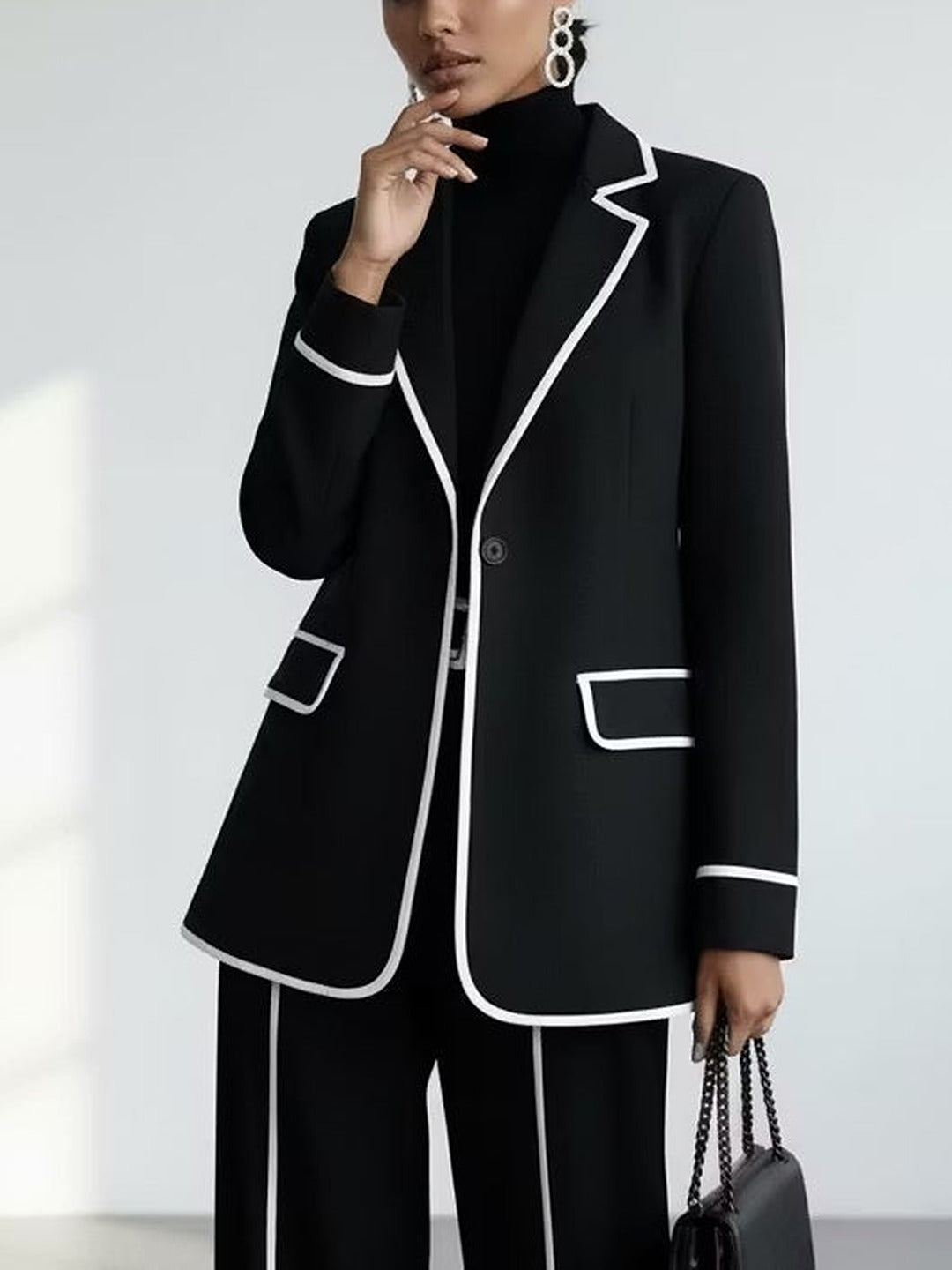 Delphine | Ensemble blazer et pantalon à liserés contrastants, noir