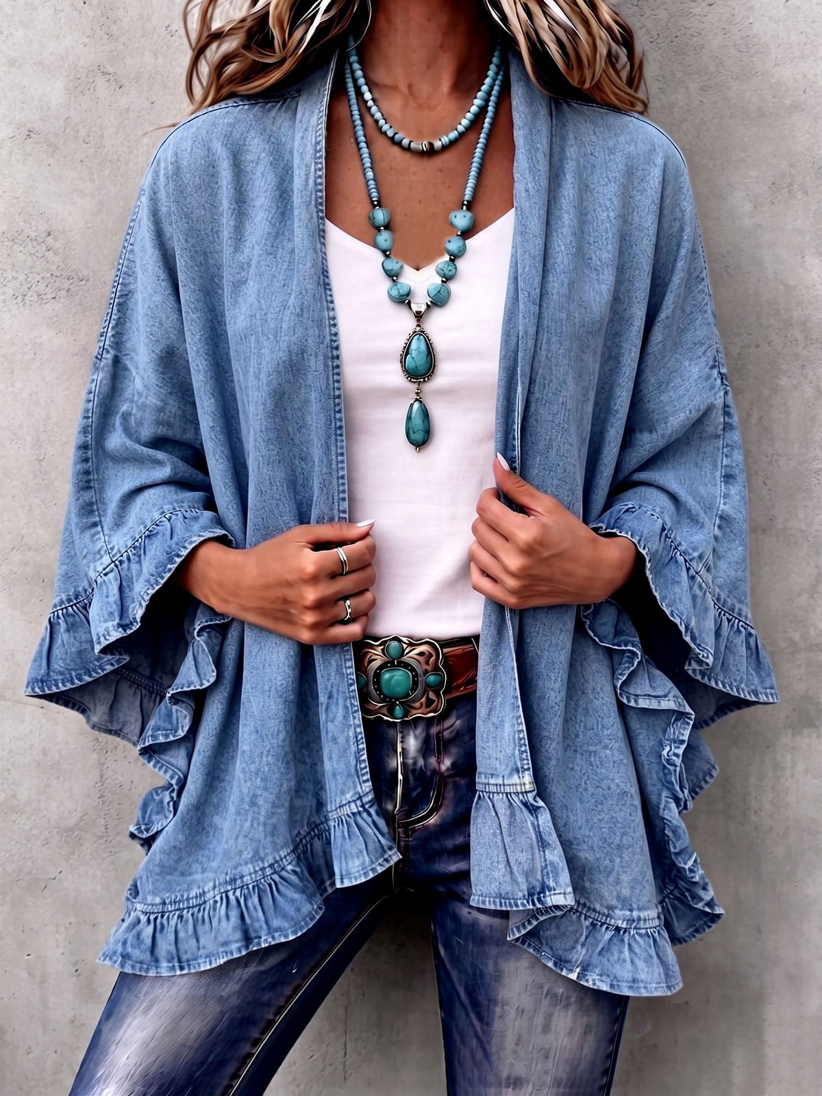 Corinne | Cardigan bohème chic en denim à volants