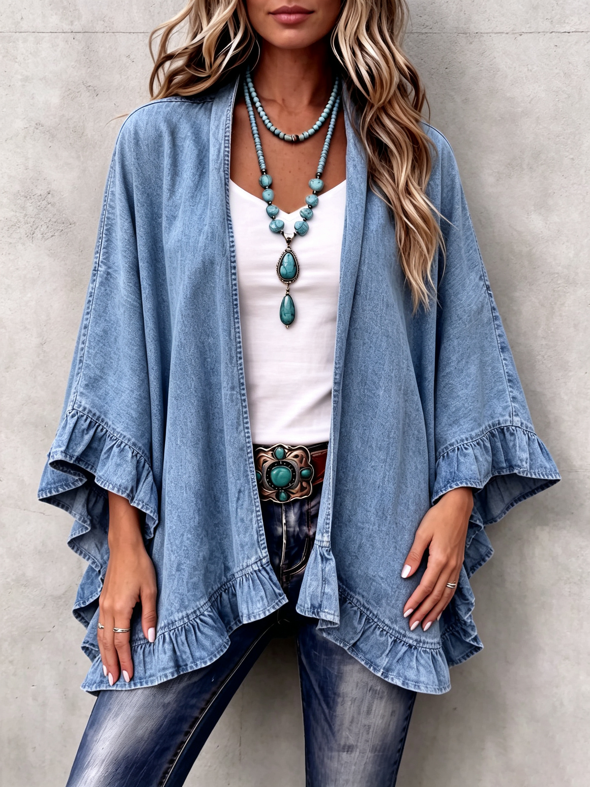 Corinne | Cardigan bohème chic en denim à volants