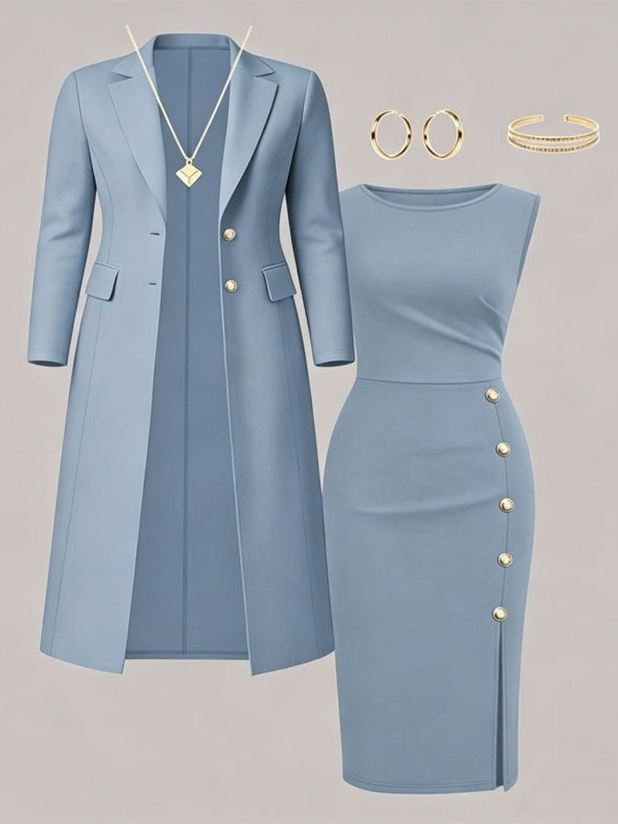 Séverine | Ensemble blazer long et robe sans manches à boutons dorés