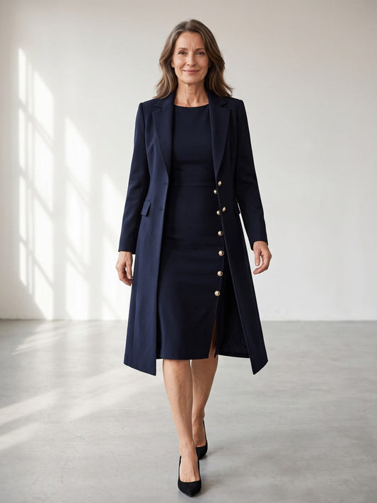 Séverine | Ensemble blazer long et robe sans manches à boutons dorés