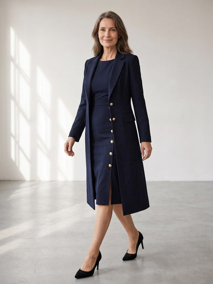 Séverine | Ensemble blazer long et robe sans manches à boutons dorés