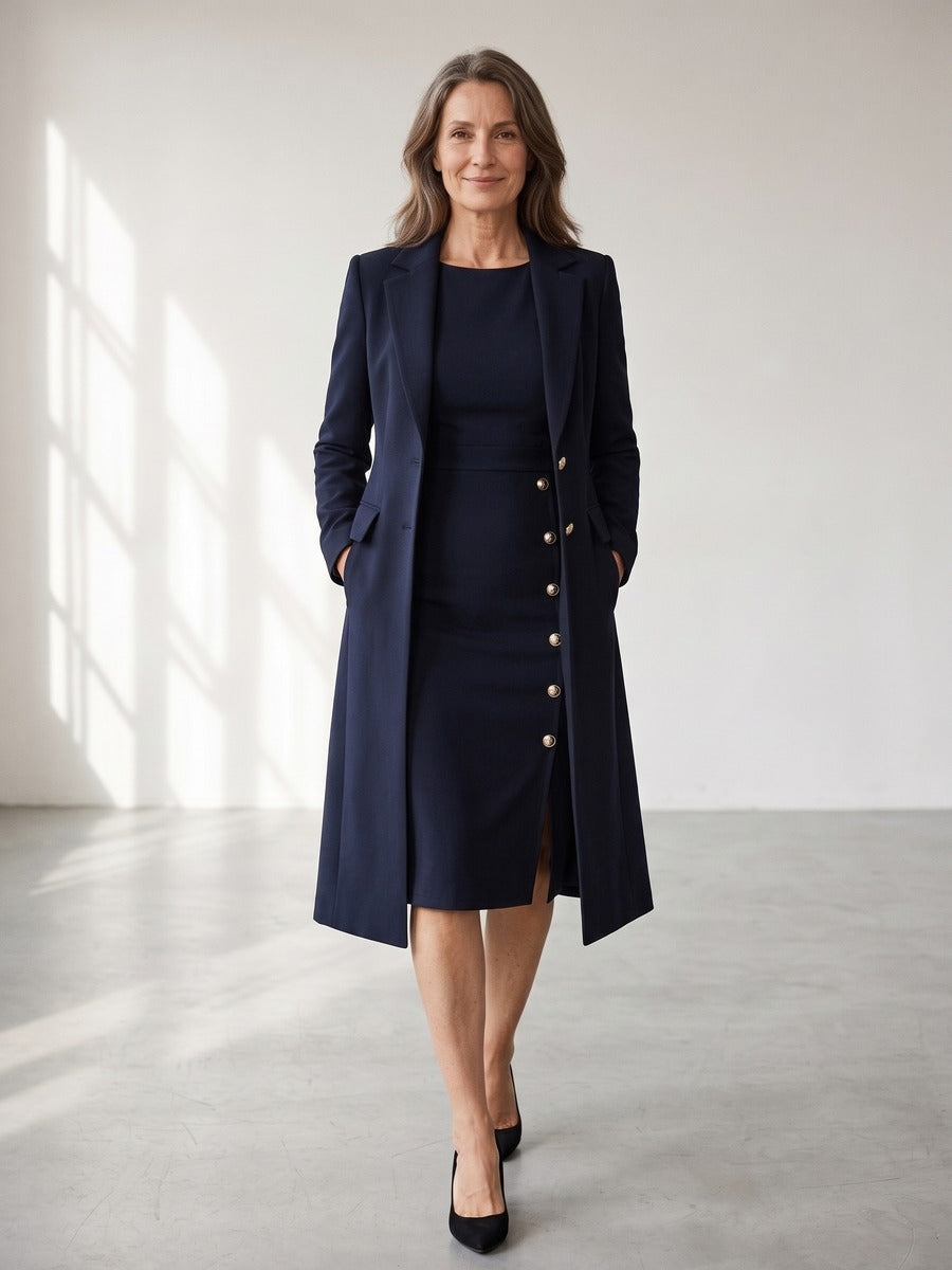 Séverine | Ensemble blazer long et robe sans manches à boutons dorés