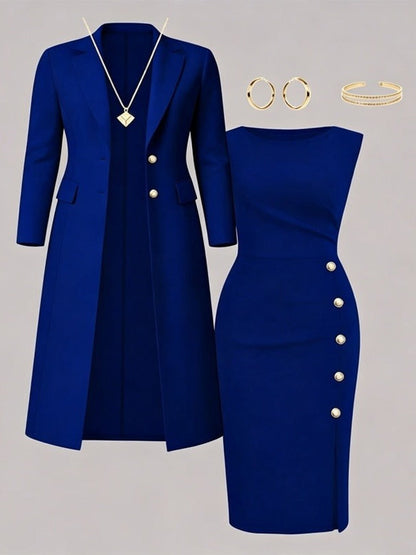 Séverine | Ensemble blazer long et robe sans manches à boutons dorés