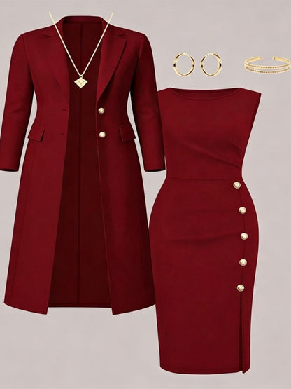 Séverine | Ensemble blazer long et robe sans manches à boutons dorés