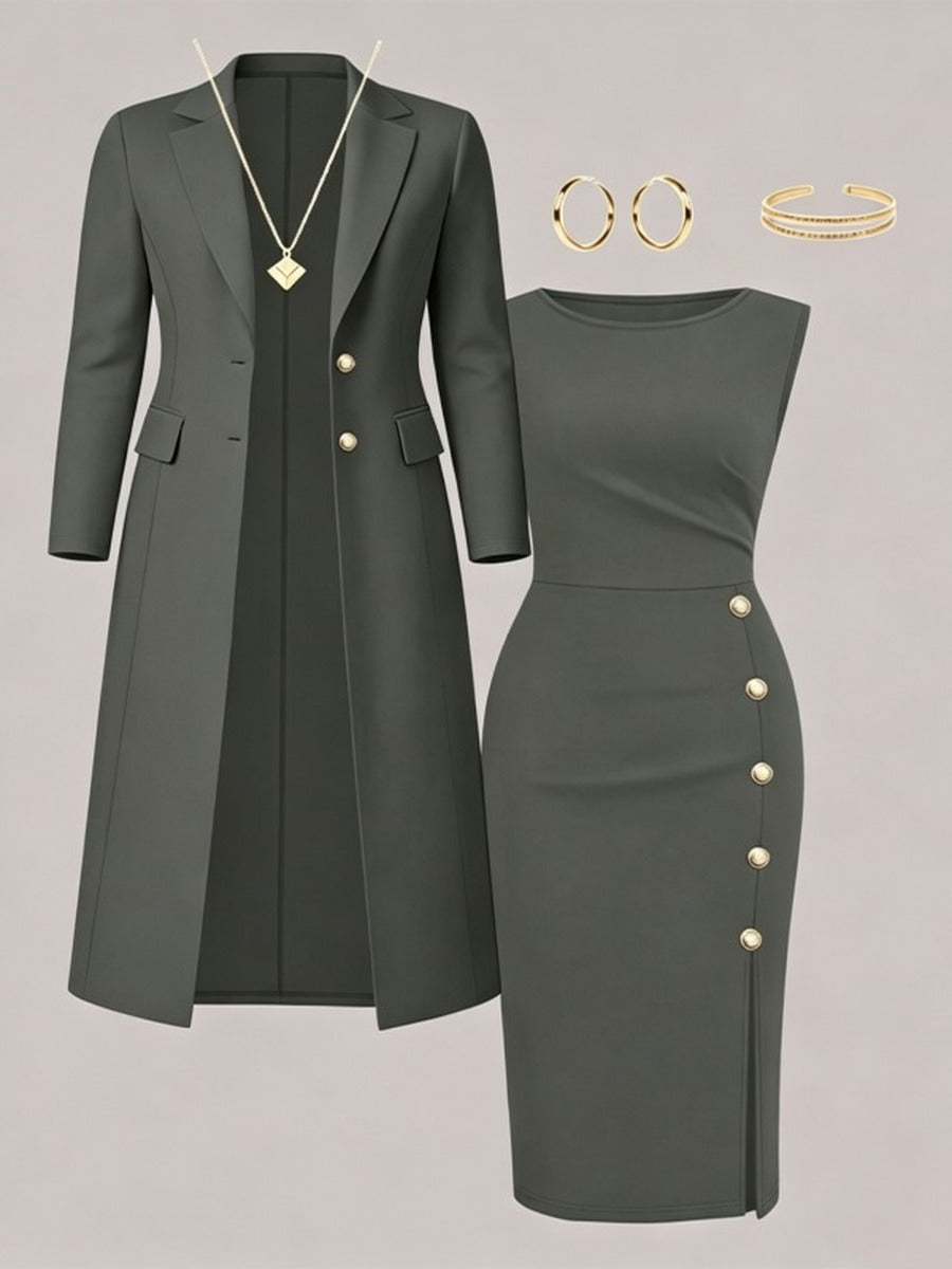Séverine | Ensemble blazer long et robe sans manches à boutons dorés