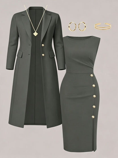Séverine | Ensemble blazer long et robe sans manches à boutons dorés