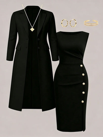 Séverine | Ensemble blazer long et robe sans manches à boutons dorés