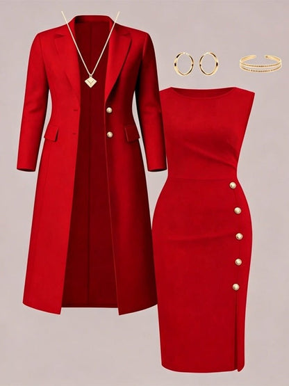 Séverine | Ensemble blazer long et robe sans manches à boutons dorés