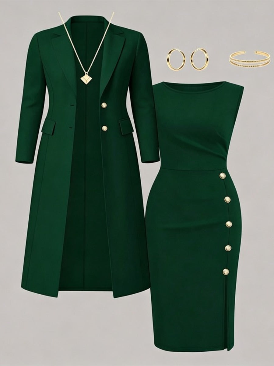 Séverine | Ensemble blazer long et robe sans manches à boutons dorés