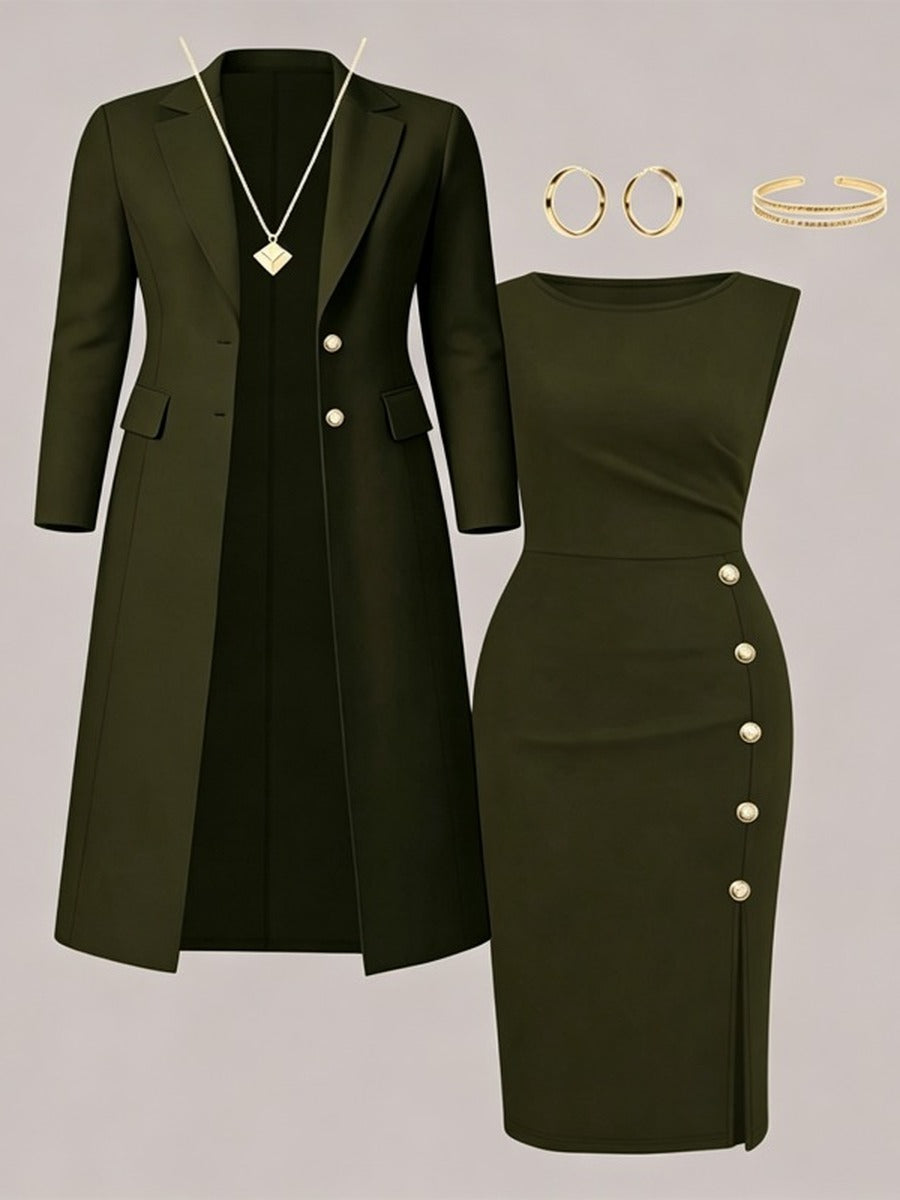 Séverine | Ensemble blazer long et robe sans manches à boutons dorés